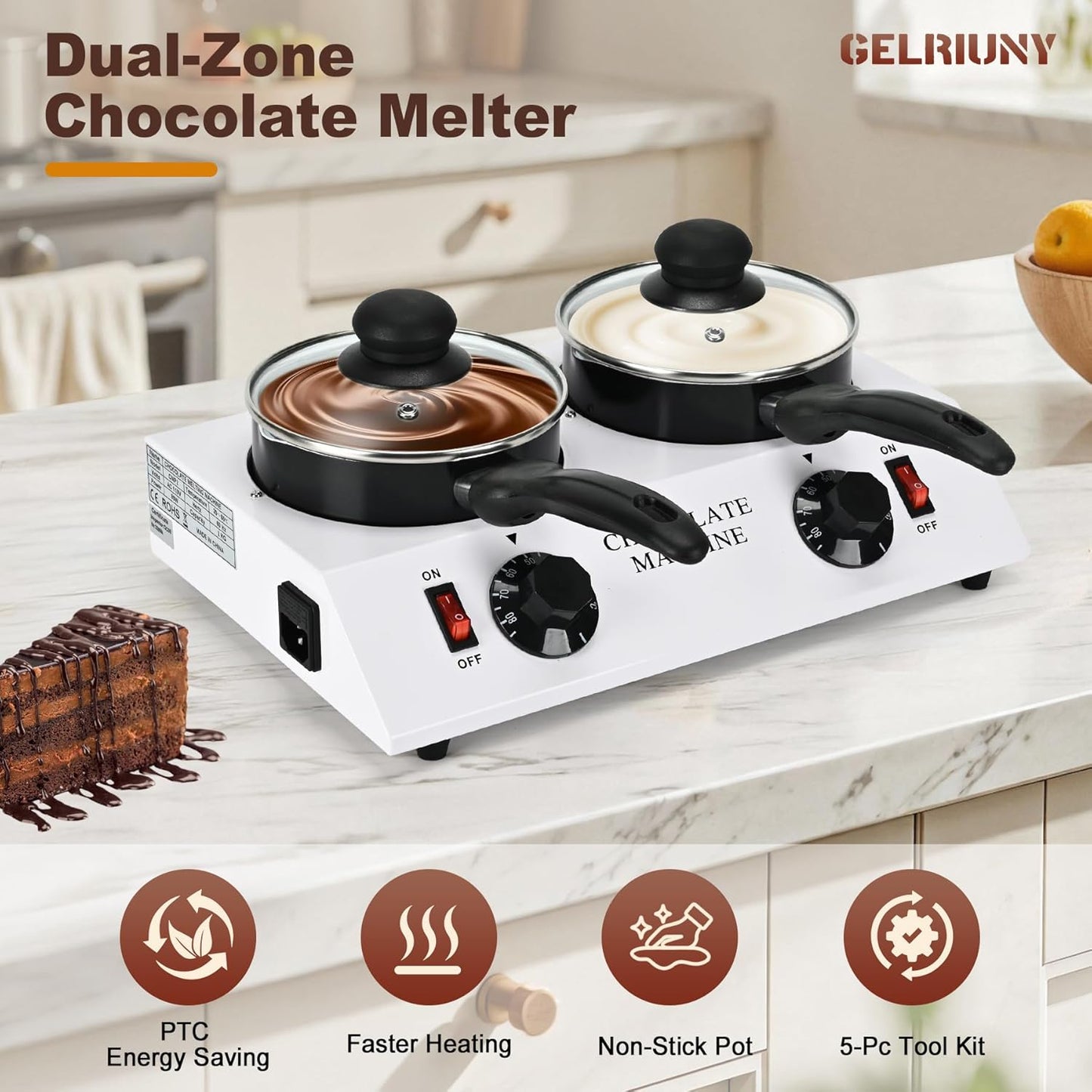 Electric Chocolate Melting Machine, Chocolate Warmers(2x1L Ceramic-Coated Pots, Chocolate Dipping Fork Spoons Set) Fast and Even Melting | PTC Heating| Temp Control, Ideal for Chocolate, Candy, Butter