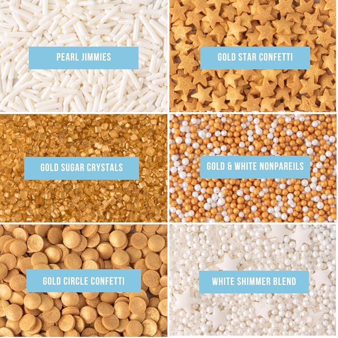 Sweets Indeed Sprinkles 6 Cell Edible Sprinkle Mix Jimmies Perfect for Cake Decorations Baking Ice Cream Cookies Cupcake Topper (Gold)
