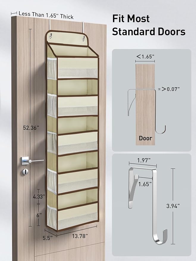 Yecaye 2 Pc Over the Door Organizer with 5 Bins 10 Side Pockets, 44lbs Load Hanging Bathroom and Bedroom Organizer, behind the Door Hanging Organizers for Nursery Newborn Baby Essential Stuff Beige