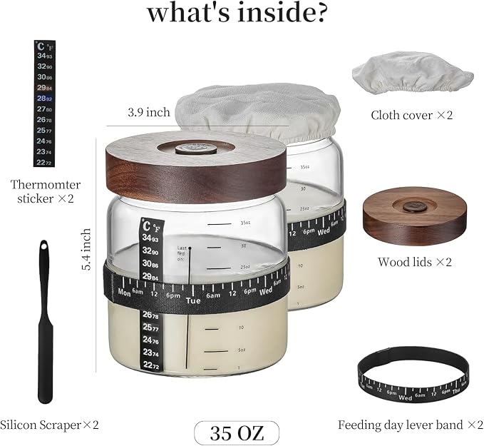 Sourdough Starter Jar 2Pack，Wood Sealed Lid with Automatic Exhaust,35OZ with Ounce Scale Line,Date Marked Feeding Band, Thermometer, Sourdough Jar Scraper,Wide Mouth for Sourdough Bread Baking