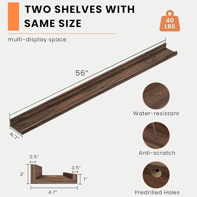 Heimlove Picture Ledge Shelf, Floating Shelves Set of 2, 56 Inches Picture Shelf for Wall with Ledge, Kids Bookshelf Wall Mounted for Living Room Bedroom Decor Books Photo Frames, Walnut