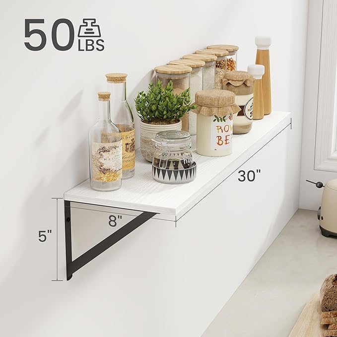 Heimlove White Deep Floating Shelves for Wall, 30W x 8D Wood Wall Shelves Set of 2, Wide Floating Bookshelf for Living Room, Kitchen, Office, Bedroom and Decor Storage, with Black Bracket - White