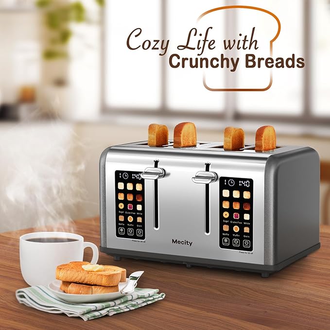 Mecity 4 Slice Toaster with Touch Screen Control, 4 Wide Slots, Stainless Steel Smart Bread Toaster for Bagels, Muffins, Waffles, Dual Control Panel, Timer, Defrost, Reheat, 120V 1650W, Pearl Grey