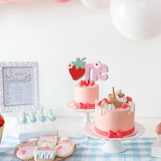 Strawberry One Cake Topper - Berry First Birthday Cake Topper, Berry Sweet One Birthday Cake Decoration for Party, Anniversary, Cake Smash, Photo Props...