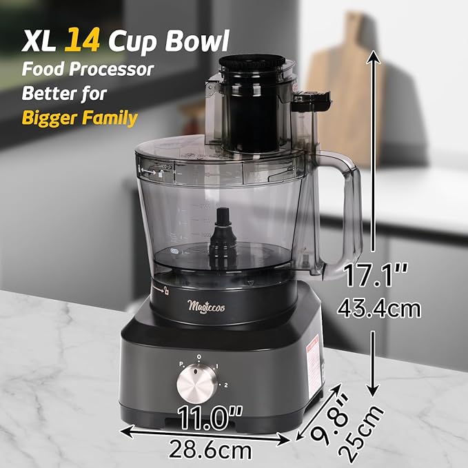 14-Cup French-Fry-Cutter Large Food-Processors - Large Feed Chute, Grey Color, Cheese Shredding, Meat Chopping, Shredding and Slicing, Mixing and Doughing, for Home Use