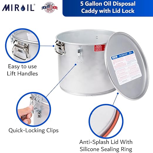 MirOil 5 Gallon Oil Grease Bucket & Filter Pot, USA Made Deep Fryer Grease Bucket Pot with Lid Lock & Lock Clip, 35Lb. Low Profile Container To Fit Under Drain Valves, Filtering Hot Cooking Oil - 40L