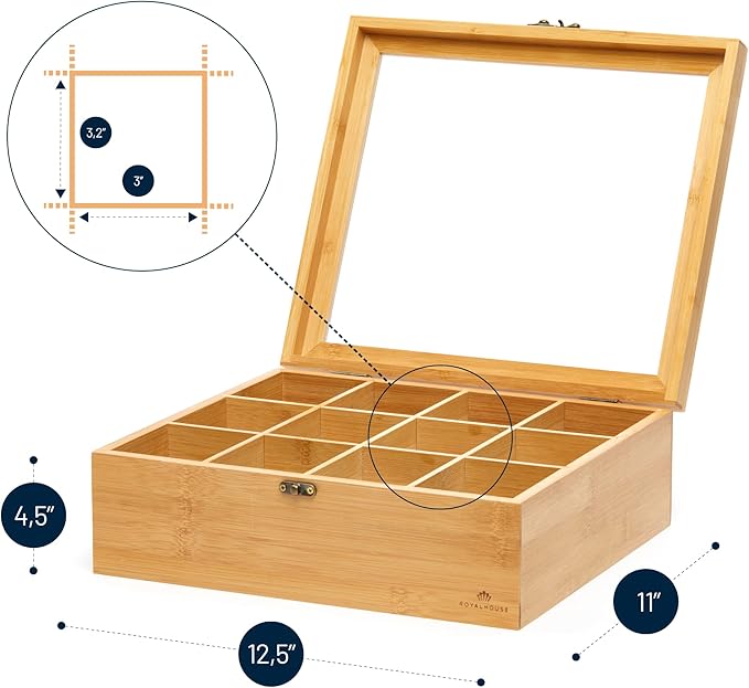 RoyalHouse Big Natural Bamboo Tea Storage Organizer with Clear Acrylic Top Window, 12 Compartments Eco-Friendly Tea Bag Holder, Multi-Functional Storage Box