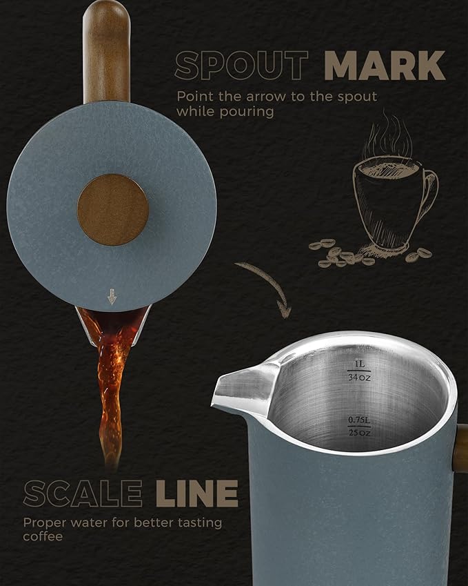 POLIVIAR French Press Coffee Maker, 34 Ounce Coffee Press with Real Wood Handle, Double Wall Insulation & Dual-Filter Screen, Food Grade Stainless Steel for Good Coffee and Tea JX2023-FPLU