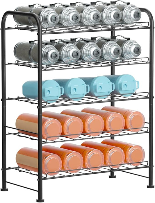 OYEAL Water Bottle Storage Rack 5 Tier Bottled Water Holder Organizer Freestanding Floor Beverage Soda Drink Stand Shelf for Kitchen Pantry Can Storage, Hold 30 Bottles, Black