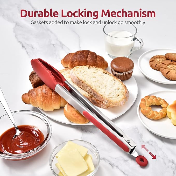 Heat Resistant Silicone Kitchen Tong: U-Taste 12 inch Large 480ºF Hot Proof Cooking Tong with Sturdy Non Stick Rubber Tips & Silicon Coated Steel Handle & Smooth Locking for Serving Grill Salad (Red)