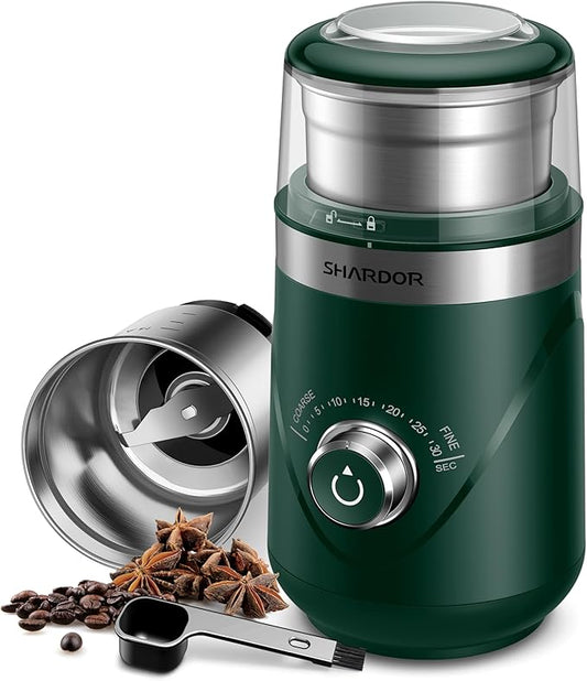 SHARDOR Electric Super Silent Blade Coffee Grinder, Timed Grind Control Rotary Knob, Adjustable Coarse to Fine for Coffee Beans, Spices & Herbs, with 1 Removable Stainless Steel Bowl, Green