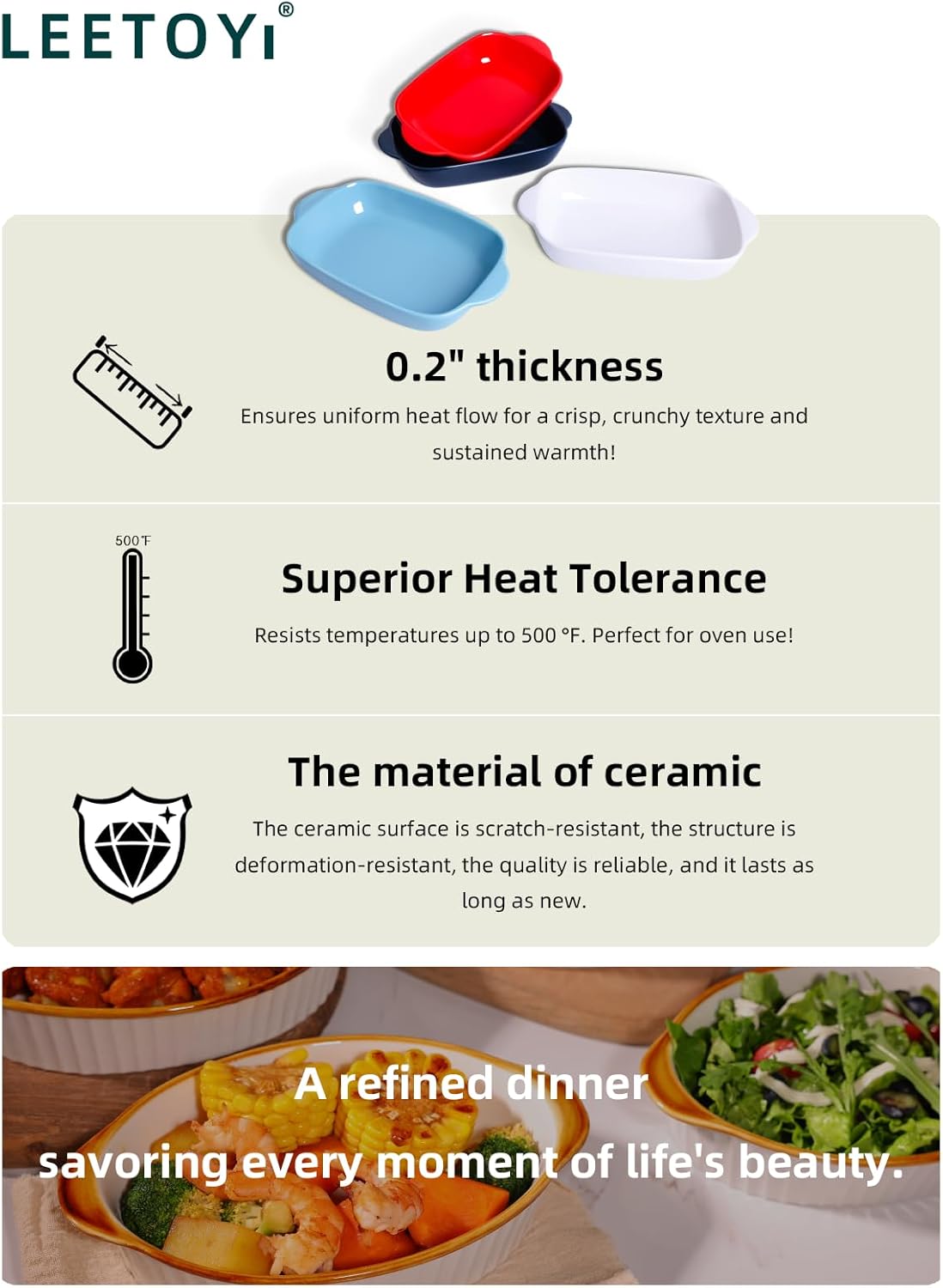 LEETOYI Ceramic Small Baking Dish, Porcelain 2-Piece Rectangular Bakeware with Double Handle, Baking Pans for Cooking and Cake Dinner 7.5"×5 (Red)