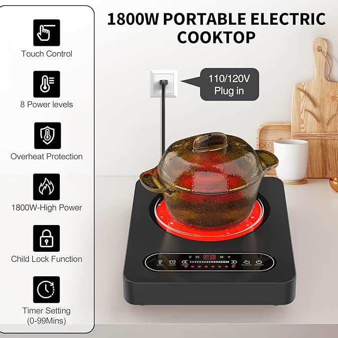 Single Burner Electric Cooktop,110V 1800W Electric Stove Top with LED Touch Control,10 Power Levels, Timer, Safety Lock,Portable cooktop