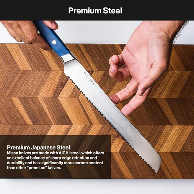 Misen Serrated Bread Knife – High-Carbon Japanese AUS8 Steel – Effortless Slicing of Bread, Pastries, and Fruits – Razor-Sharp Edge and Durable Blade with Ergonomic Handle - 10", Gray