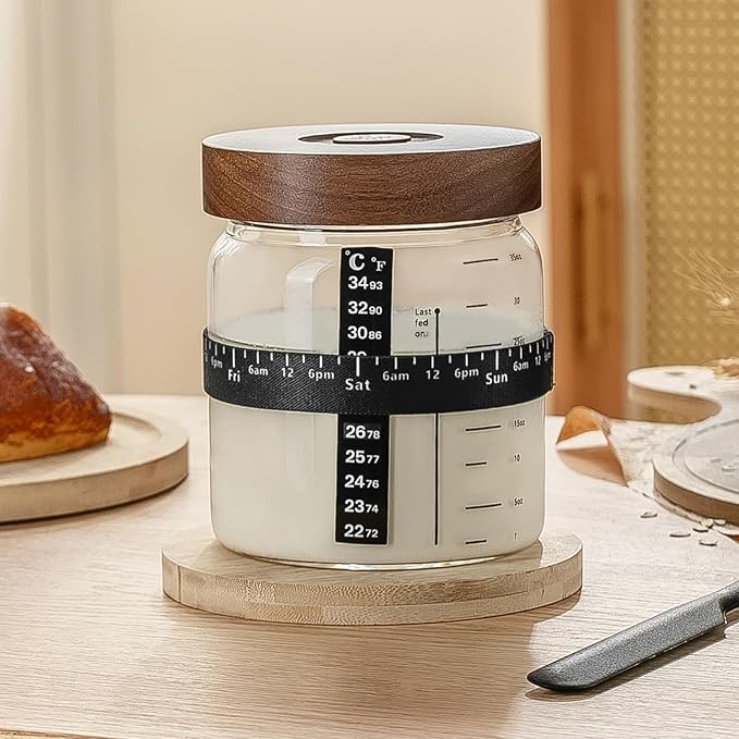 Sourdough Starter Jar 2Pack，Wood Sealed Lid with Automatic Exhaust,35OZ with Ounce Scale Line,Date Marked Feeding Band, Thermometer, Sourdough Jar Scraper,Wide Mouth for Sourdough Bread Baking