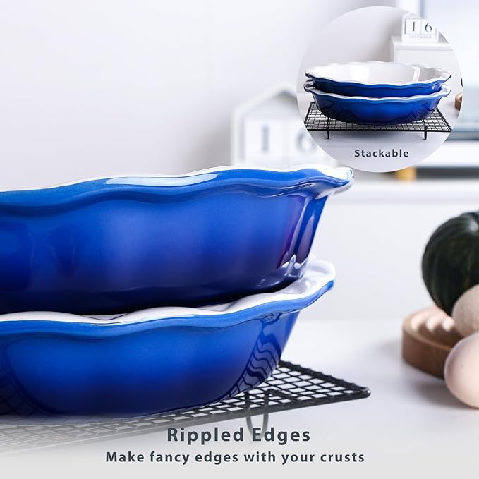 Lareina Ceramic 9 Inch Deep Dish Pie Pans, Set of 2, Blue, Non-Stick, Oven & Dishwasher Safe, Ideal for Baking Pies, Quiches, Cakes