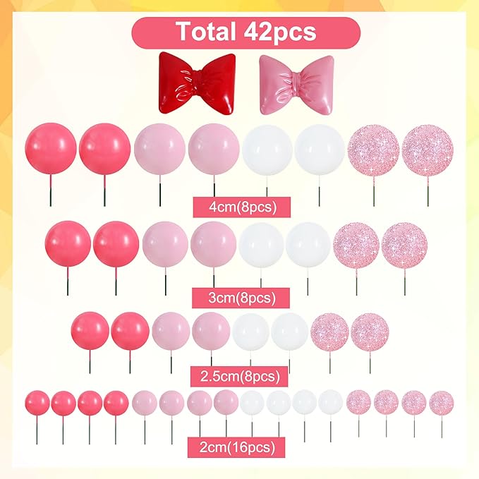 BEISHIDA 42 pcs Foam Ball Cake Toppers with Sticks Includes 2 Bow Cake Decor Perfect for Birthday Party Pink&White Theme Party Decor Wedding Anniversary Celebration(Pink, White)