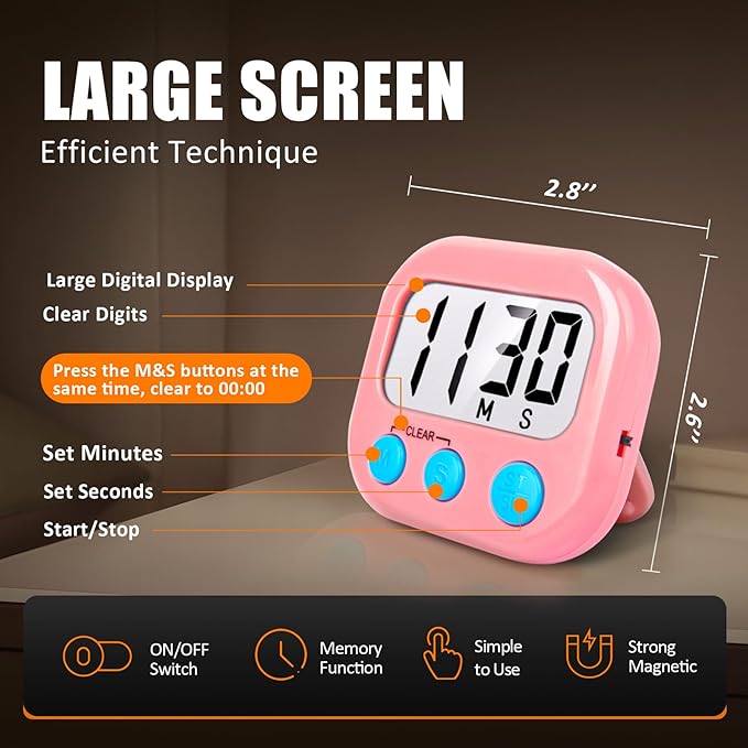 2 Pack Kitchen Timers Loud Ring Digital Timers for Cooking Magnetic Pink