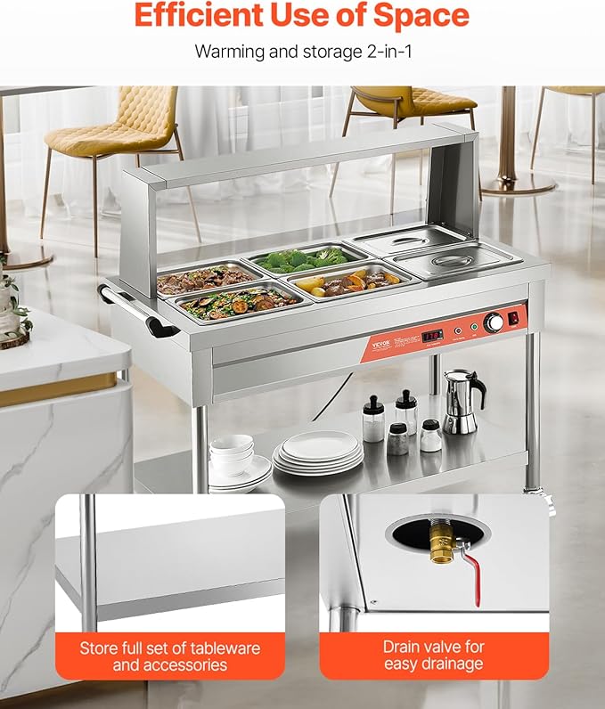 VEVOR 6-Pan Commercial Food Warmer, 6 x 1/2 Pans Electric Steam Table, 1500W Professional Buffet Catering Food Warmer with Shield Undershelf Wheels, Stainless Steel Server for Party Restaurant