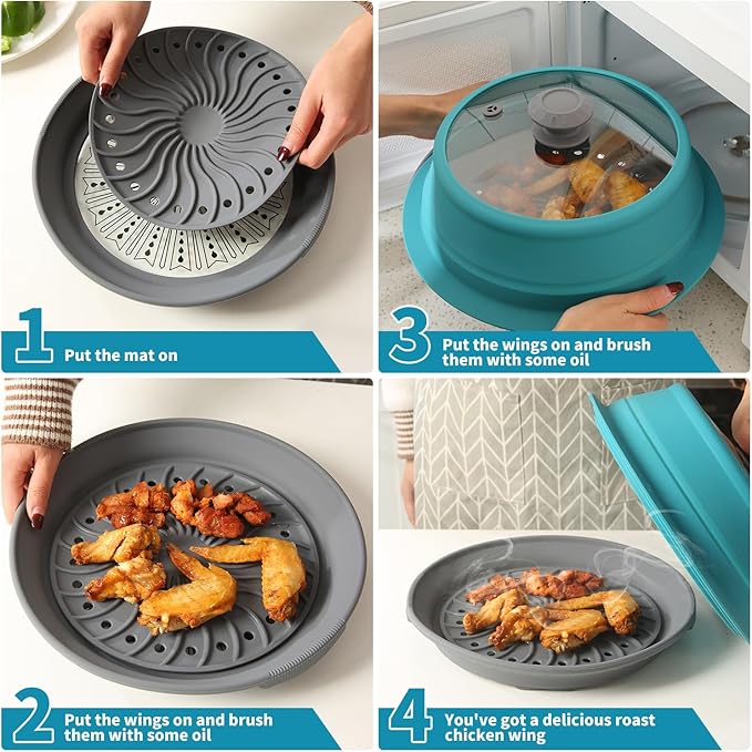 Microwave Splatter Silicone Cover Collapsible Steamer, Vented Multifunction Splash Lid with Glass Dish Bowl Plate for Food Cooking Bacon Maker, Dishwasher Safe BPA-Free 10.5 inch Cookware Set