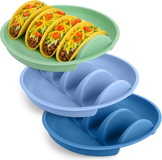 Silicone Taco Holder Plates Set of 3 - Reusable Taco Stand Plates with 4-Shell Slots, Oven/Microwave/Dishwasher Safe, Non-Slip Base for Tortillas Party Serving, Family Dinner & Meal Prep Accessories