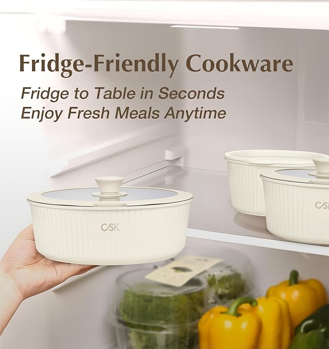 KOCH SYSTEME CS 17pcs Pots and Pans Set Non Stick, Nonstick Ceramic Cookware Set Detachable Handle, Induction Kitchen Pot and Pan Set, Non Stick with Removable Handle, RV Cookware Set, Cream White