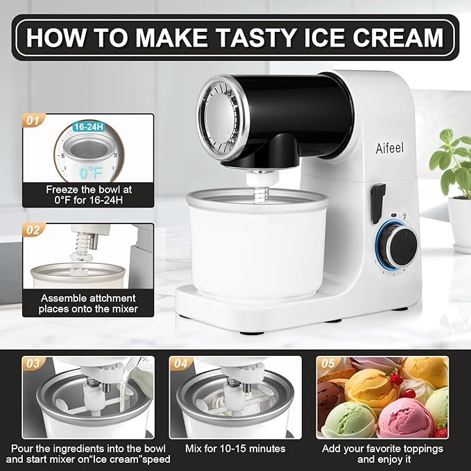 Aifeel Stand Mixer,6.5QT Kitchen Electric Mixer with 2QT Ice Cream Maker Bowl, 6 in 1 Multifunctional Bread Dough Mixer with Dough Hook,Wire Whip & Beater (Black-White)
