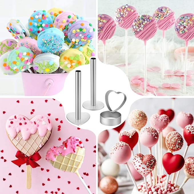 Webake Circle and Heart Cake Pop Cutter and Pusher, 304 Stainless Steel Cake Pop Molds, Easy Use, Non Toxic, Set of 4