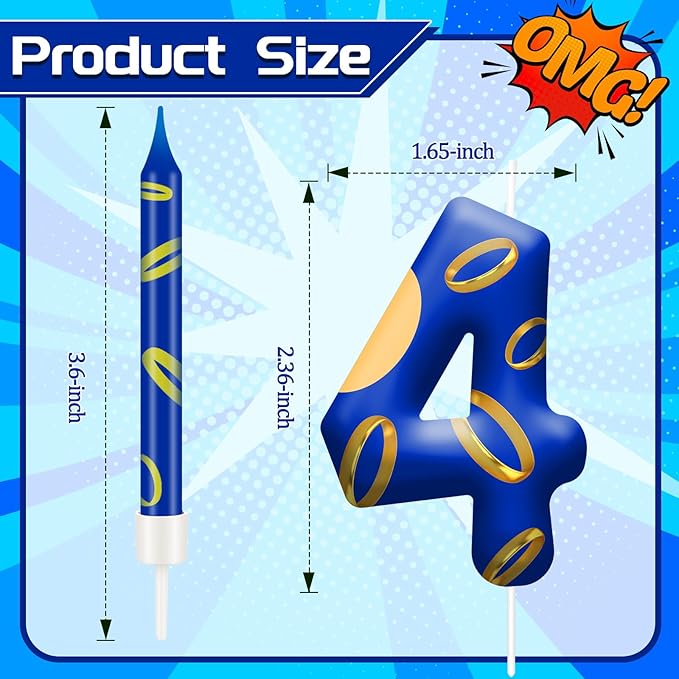 13PCS Birthday Cake Candles Set - Blue and Golden Ring Number Candles with Vibrant Designs for Boys & Girls, Theme Birthday Party Decorations, Cake Toppers for Theme Parties(Number 4)