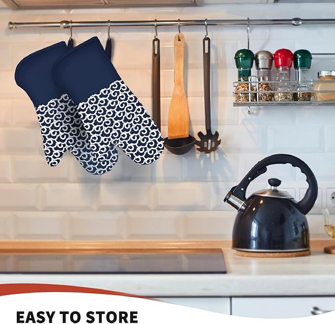 Extra Long Oven Mitts,High Heat Resistant 500 Degree Oven Gloves with Soft Cotton Lining and Non-Slip Silicone, Perfect for BBQ,Baking,Cooking and Grilling- 1 Pair (Blue)