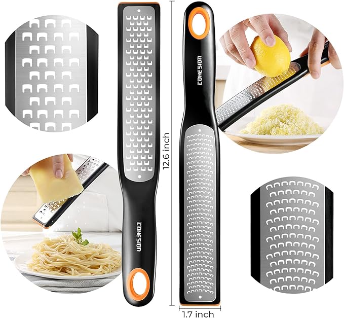 Cohesion Etched Zester & Grater Set of 2 - Kitchen Zester Tool for Lemon, Cheese, Garlic, Ginger, Nutmeg, Chocolate, Fruits, Vegetables - Sharp Premium Stainless Steel Blade with Protective Cover