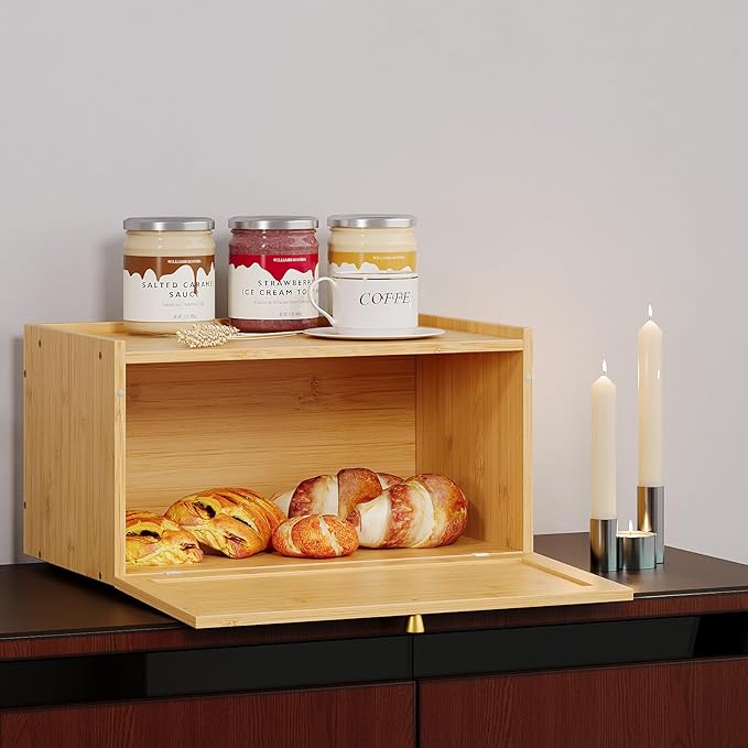 Rattan Bamboo Bread Box for Kitchen Counter Large Capacity Bread Storage Bin Farmhouse Bread Storage Container Rustic Bread Holder (Natural Bamboo)