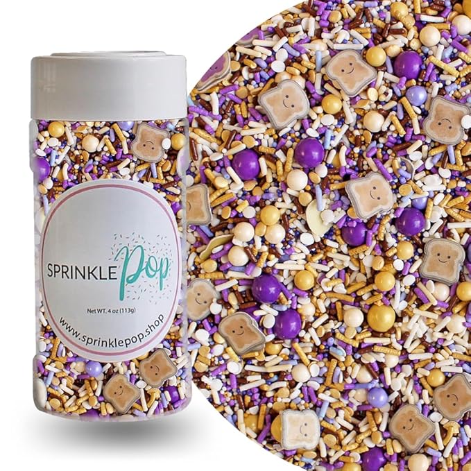 Sprinkle Pop PB&J Sprinkle Mix| lavender Purple Gold Cream Chocolate Sprinkles with ~20 Peanut Butter & Grape Jelly Slice Wafer Papers| Sprinkles Made in USA for Decorating Cake Cupcakes Cookies, 4oz
