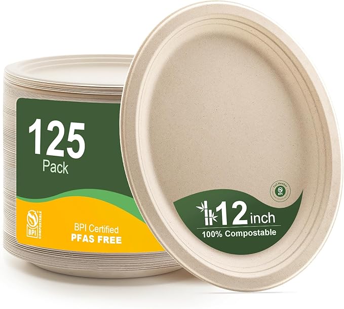 WELLIFE 100% Compostable Oval Paper Plates 12 Inch, 125-Pack Heavy Duty Paper Plates Bulk,Biodegradable Bagasse,Eco-Friendly Disposable Dinner Plate for BBQ,Picnic,Party (BPI Certified,Microwaveable)