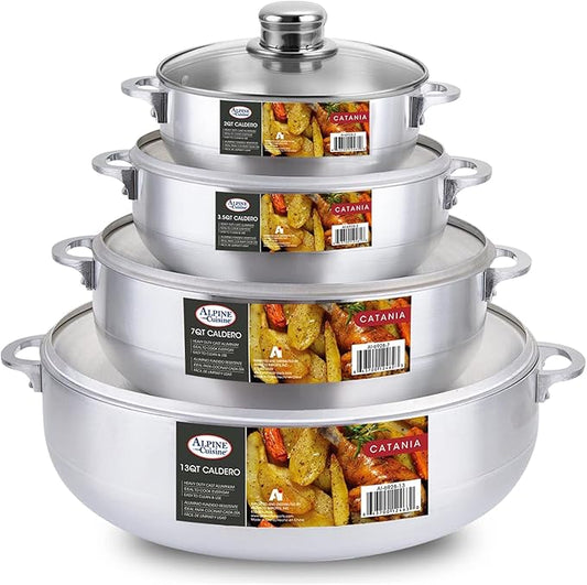 Alpine Cuisine Premium 8-Piece Nonstick Aluminum Caldero Set with Lids | Versatile Pots for Stews, Rice & Soups in 2, 3.5, 7, 13 Quart Sizes | Silver