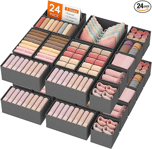 Lifewit 24 Pack Drawer Organizer, Dresser Underwear Drawer Organizer Bins, Foldable Fabric Closet Organizers, Storage Drawer Dividers, Dorm Room Essentials for Clothing, Socks, Towels, Ties Gray