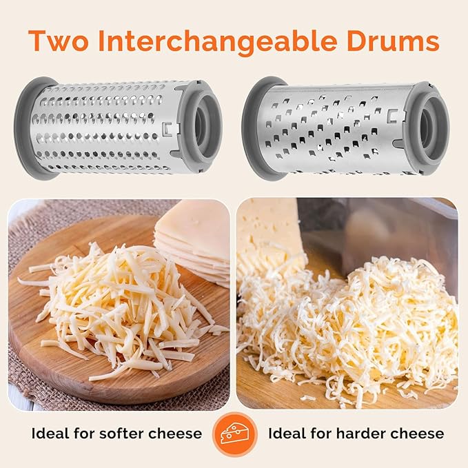 Patented Rotary Parmesan Cheese Grater, Hand Crank Cheese Shredder with Fine & Coarse Drums, Restaurant Quality, White, Stainless Steel & ABS, Dishwasher Safe