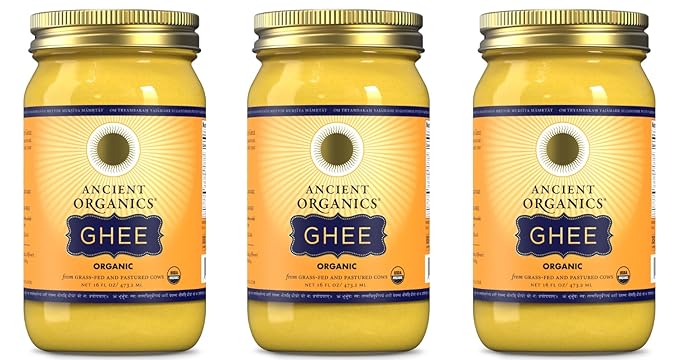 Ancient Organics Ghee, Organic Grass Fed Gluten Free Clarified Ghee Butter with Vitamins & Omegas, Lactose Free, 100% Certified Organic, Kosher, USDA Certified, Made in USA - 16 Fl Oz (Pack of 3)