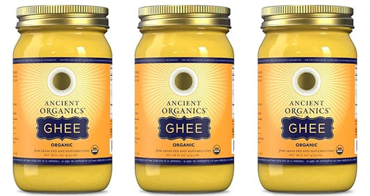 Ancient Organics Ghee, Organic Grass Fed Gluten Free Clarified Ghee Butter with Vitamins & Omegas, Lactose Free, 100% Certified Organic, Kosher, USDA Certified, Made in USA - 16 Fl Oz (Pack of 3)