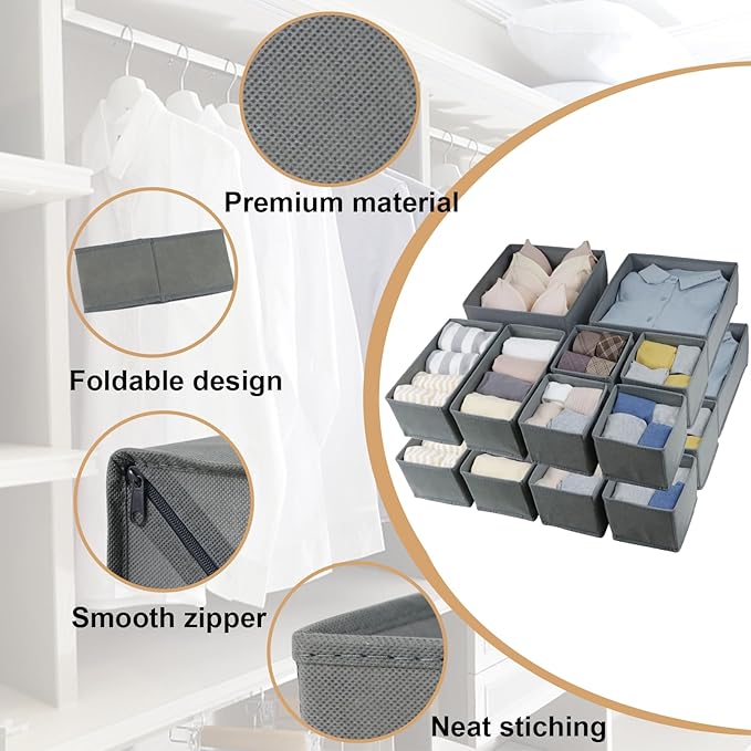 16 Pcs Drawer Organizer,Fabric Closet Organizer and Storage Baskets,Foldable Drawer Divider for Clothing,Sock,Ties,Underwear Drawer Organizers,Cabinet Storage Boxes (Gray)