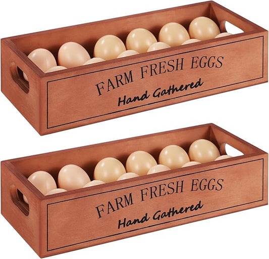 2 PCS Wooden Egg Holders, Farm Fresh Egg Baskets, Open Design with Handle, Holds 12 Eggs per Compartment, Ideal for Kitchen Countertop, Simple and Quality Storage Solution