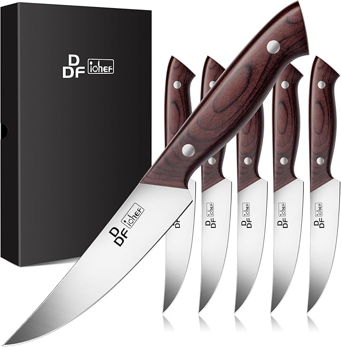 DDF iohEF Steak Knives Set of 6, Non-serrated Steak Knife 4.5 Inch High Carbon Japanese Stainless Steel Kitchen Steak Knife 6 Pieces Dinner Knives Ultra Sharp with Ergonomic Handle and Gift Box