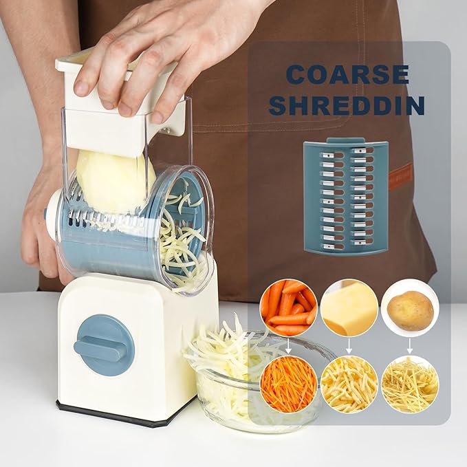 3 in 1 Cheese Grater, Rotary Cheese Grater with Handle for kitchen, Vegetable Slicer with 3 Replaceable Stainless Steel Blades,Peeler and Rubber Gloves (Blue)