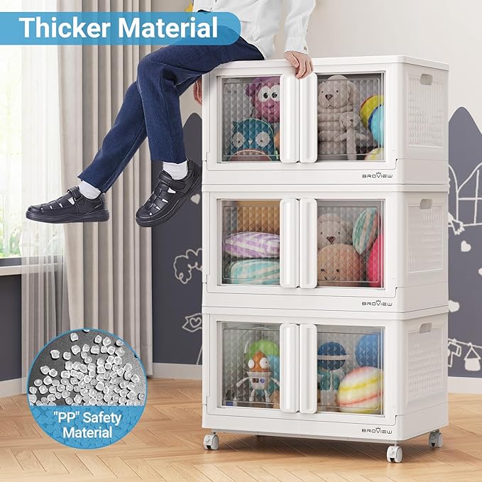 300Qt Stackable Storage Bins with Lids, 75Gal Closet Organizers and Storage Drawer, Plastic Collapsible Storage Bins with Doors, Heavy Duty Store Box Cabinet for Home Office, 3Pack White