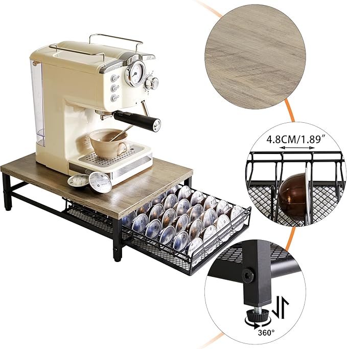 IBUYKE Wooden Coffee Pod Drawer Holder,Pod Holder,40 Capsule Pods,Coffee Pod Holder Drawer With Mesh Shelves,Home Kitchen Counter Organizer,Greige TCJ101Y