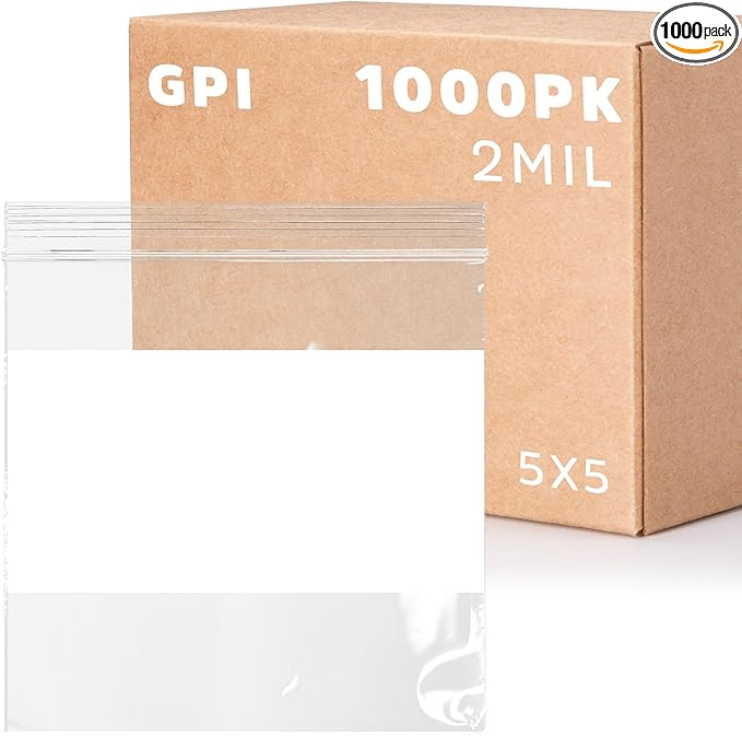 1000 Count, 5" x 5" Zip Bags, 2 Mil Thick Clear Plastic Reclosable Zipper Lock Bags with Write-on White Block, with Resealable Zip Top Lock for Food Storage, Jewelry, Candy.