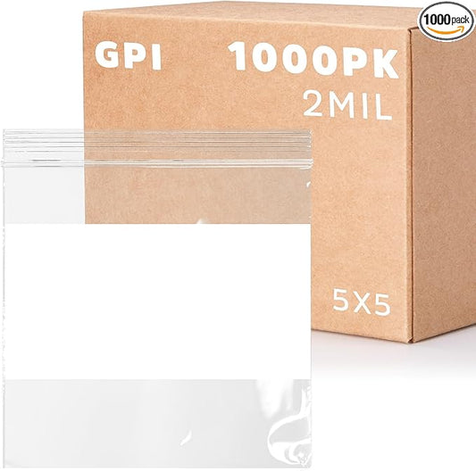 1000 Count, 5" x 5" Zip Bags, 2 Mil Thick Clear Plastic Reclosable Zipper Lock Bags with Write-on White Block, with Resealable Zip Top Lock for Food Storage, Jewelry, Candy.