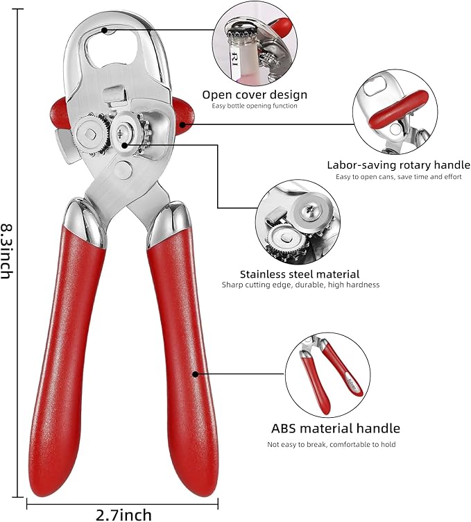 Multi-function Manual Can Opener Bottle Opener, Oversized Hand-held Easy Rotary Knob, Safe Cut Can Opener with Non-Slip Handle, Smoother Cut Sharp Blade for Seniors Kitchen Tool, Red