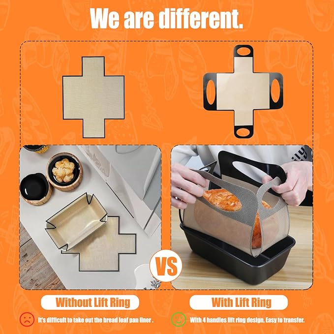 Reusable Silicone Bread Loaf Pan Liner, Food-Grade Silicone Bread Sling, Sourdough Bread Mat, Loaf Pan Lifters, Non-Stick&Easy Clean Dough Transfer Tool, Fits 9x5 or 1.5lb Loaf Pans, Black & Orange