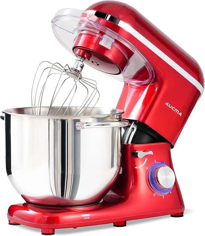 Aucma Stand Mixer, 900W 8QT Large Kitchen Mixer, Kitchen Electric Mixers with Dough Hook, Wire Whip & Beater (Red, 8QT)